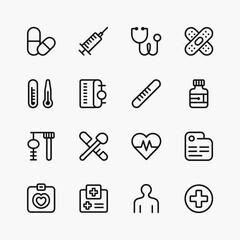 Medical Line Icons Set Healthcare Tools, Equipment, and Symbols in Minimal Vector Style