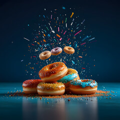 Colorful Donuts with Sprinkles Bursting in Air on Blue Background – Sweet Dessert Explosion