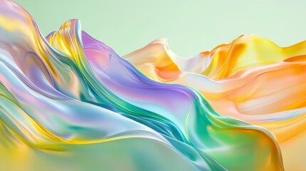 Abstract colorful flowing silk-like waves forming hills.