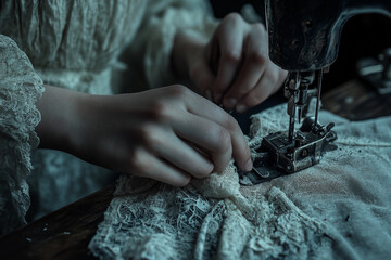 Close up of hands working with sewing machine on colorful quilt fabric during handmade craft project