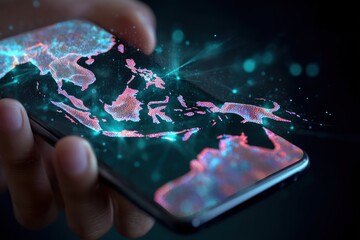 Hand holding phone, Southeast Asia map projection