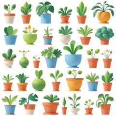 a collection of plant pots, flat shading style, arranged in a 3x3 grid on a white background
