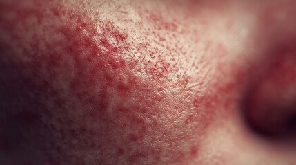 Close-up of a woman’s face with redness and acne, showing natural skin texture, emotions, and imperfections, highlighting real-life beauty and skin care challenges.