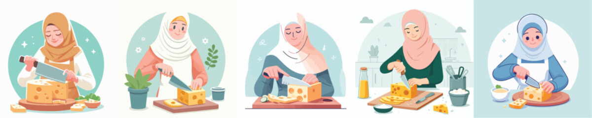 vector of hijab woman slicing cheese