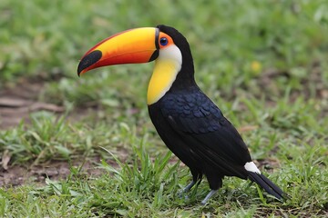 Obraz premium Magnificent Toco Toucan standing gracefully in a vibrant green grassy environment