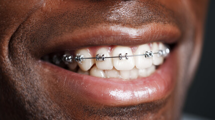 Obraz premium Close up of dark skinned man teeth with braces, showing dental care, orthodontic treatment, and healthy smile concept in detailed view.
