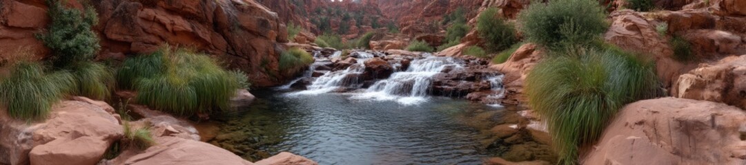 Fototapeta premium Cascading waterfalls in a scenic canyon 360 degrees panoramic hdr landscape photography