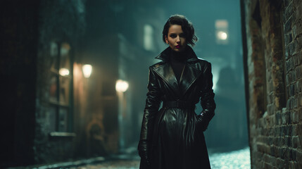 Sinister woman in black leather coat standing alone in moody alley with dramatic lighting, cinematic noir villain concept