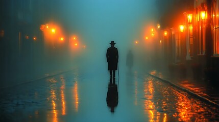 Fototapeta premium Mystery on the Cobblestone: A lone figure, cloaked in shadows, traverses a misty street illuminated by warm, flickering streetlights, creating an atmosphere of enigma and suspense.