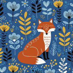 Cartoon fox sits among colorful flowers and leaves on a blue background, pattern for textiles, children's products, bookstores, notebooks, exercise books, children's room