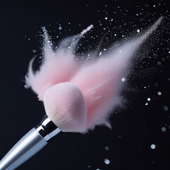 A delicate, pastel-hued powder cloud erupts from the ferrule of a sleek, modern makeup brush