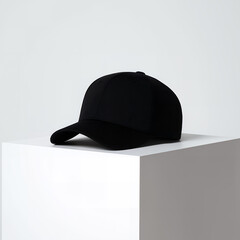 Black Baseball Cap On Minimalist White Display