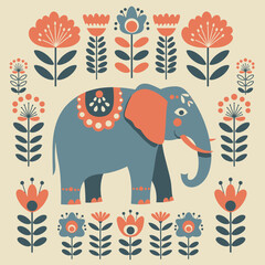 Colorful elephant surrounded by floral patterns in a whimsical style , Suitable for packaging children's goods, textiles, postcards 