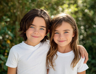 Siblings Embrace: Boy and Girl Smiling Outdoors