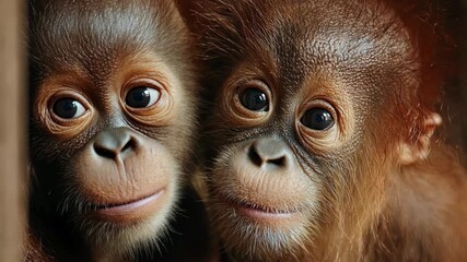 Close-Up of Two Baby Orangutans with Curious Expressions
