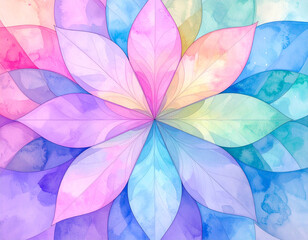 Watercolor flower in soft pastel colors. Symmetrical floral pattern with layered petals in pink, purple, and blue. Gentle texture and creative style. Perfect for backgrounds, greeting cards, prints
