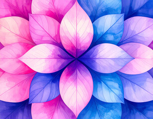Watercolor flower in soft pastel colors. Symmetrical floral pattern with layered petals in pink, purple, and blue. Gentle texture and creative style. Perfect for backgrounds, greeting cards, prints