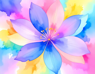 Watercolor flower in soft pastel colors. Symmetrical floral pattern with layered petals in pink, purple, and blue. Gentle texture and creative style. Perfect for backgrounds, greeting cards, prints