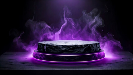 Illuminated stone pedestal with purple glowing light and evaporating smoke on black backdrop