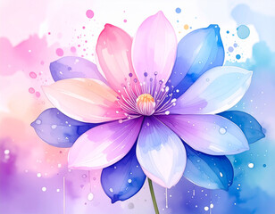 Watercolor flower in soft pastel colors. Symmetrical floral pattern with layered petals in pink, purple, and blue. Gentle texture and creative style. Perfect for backgrounds, greeting cards, prints