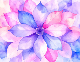Watercolor flower in soft pastel colors. Symmetrical floral pattern with layered petals in pink, purple, and blue. Gentle texture and creative style. Perfect for backgrounds, greeting cards, prints
