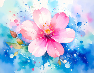 Watercolor flower in soft pastel colors. Symmetrical floral pattern with layered petals in pink, purple, and blue. Gentle texture and creative style. Perfect for backgrounds, greeting cards, prints