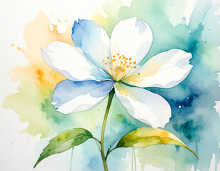 Watercolor flower in soft pastel colors. Symmetrical floral pattern with layered petals in pink, purple, and blue. Gentle texture and creative style. Perfect for backgrounds, greeting cards, prints