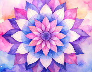Watercolor flower in soft pastel colors. Symmetrical floral pattern with layered petals in pink, purple, and blue. Gentle texture and creative style. Perfect for backgrounds, greeting cards, prints