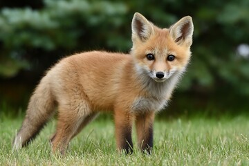 Fototapeta premium Adorable Red Fox Kit Posing in Lush Green Grass Against Blurred Background
