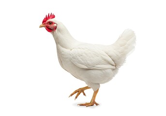 Fototapeta premium A white chicken walking on a white background