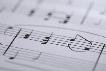 Fototapeta premium Sheet with musical notes as background, closeup