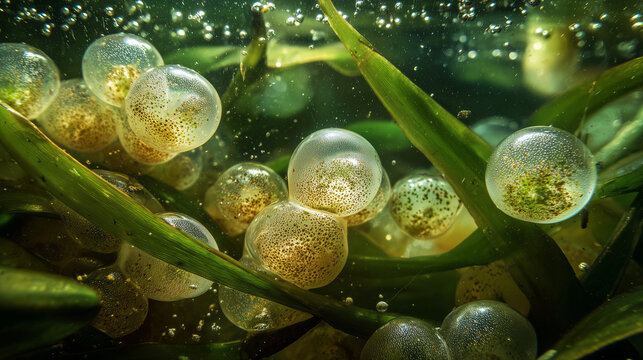 Frog eggs underwater showing natural texture and organic detail, symbolizing life cycle, biology, and wildlife in a clear aquatic environment.