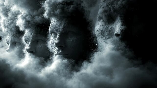 Surreal Stone Faces Emerging from Thick Fog and Clouds in a Dark Dreamlike Fantasy Scene

