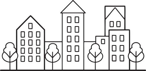Fototapeta premium Minimalist city skyline with trees line art buildings