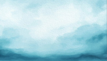 Cloudy heaven sky and sea painting in blue turquoise and white tones. Sky filled clouds painting in watercolor, abstract light blue textured watercolor background for web banner template page design
