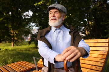 Handsome elderly man with walking cane sitting on bench outdoors