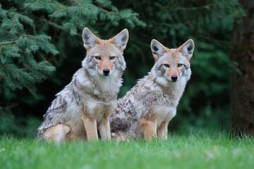 Naklejka premium Two Coyotes Sitting Calmly on the Grass Underneath Evergreen Trees looking at camera