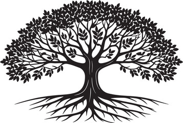 Stylized black tree with spreading roots and leaves