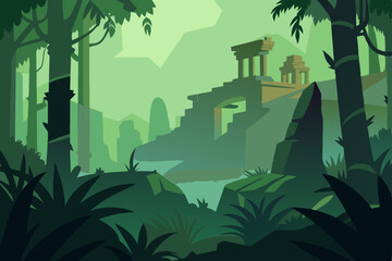 ancient ruins in dense jungle with vines 