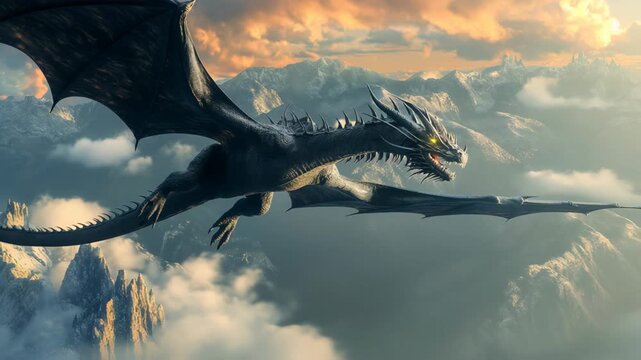 big white silver dragon take flight surround with cloud ancient mountains below 