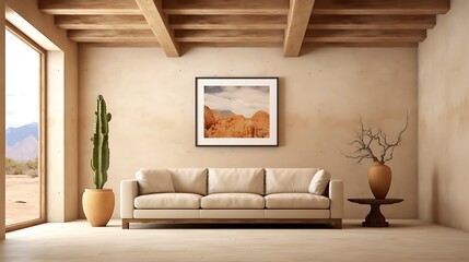 Desert-inspired minimalist room with a tan leather sofa, adobe-textured walls, light stone floor, and wooden ceiling beams .