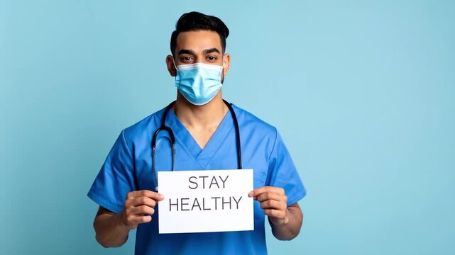 Footage of Nurse holding paper showing the words STAY HEALTHY