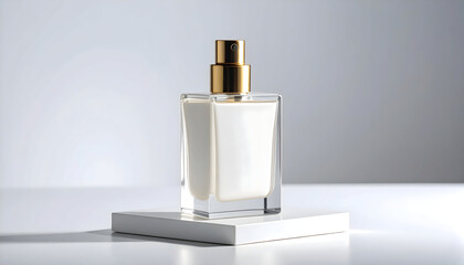 Square Glass Perfume Bottle with Gold Sprayer on White Background