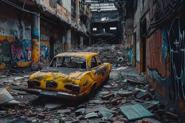 Decaying urban scene featuring an abandoned yellow car, surrounded by rubble and graffiti covered walls