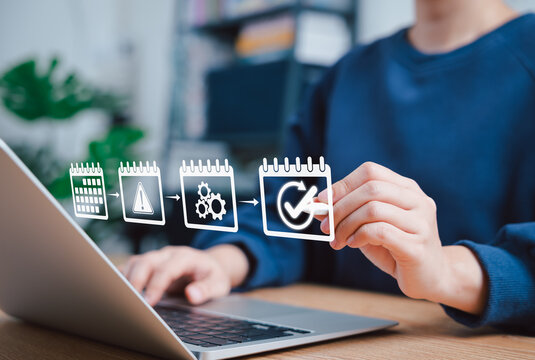 Business process planning and task management timeline. Person working on laptop with interface showing sequential calendar process with icons for schedule, alert, settings, and completion checkmark.