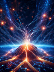 Fototapeta premium Glowing brain-inspired network with surreal digital design Surreal neural network with radiant center and glowing web