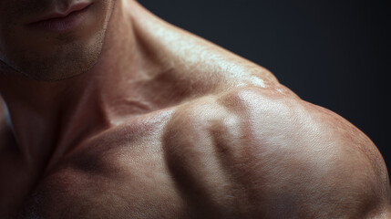 Fototapeta premium Close-up of a man's muscular traps and shoulders showing strength, fitness, and body definition. Ideal for health, workout, and anatomy-related visual content.