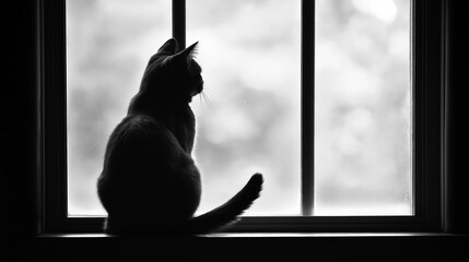 silhouette of a lonely black cat sitting on a windowsill