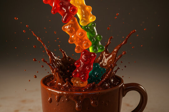 Gummy Bear Tower Falling Into a Cup of Hot Chocolate Lava