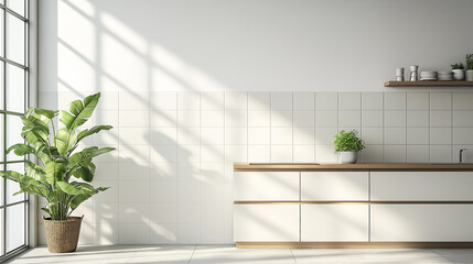 Minimal kitchen with clean white tiles and green plants, modern interior design